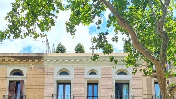 A multi-story building with a classic architectural style, featuring balconies with wrought iron railings and large windows. - Hotel Flor Parks (Barcelona)