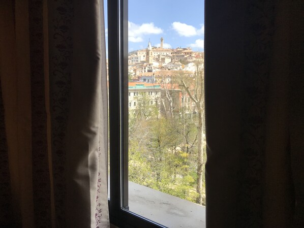 A window with a view of a cityscape, including buildings and a tower.