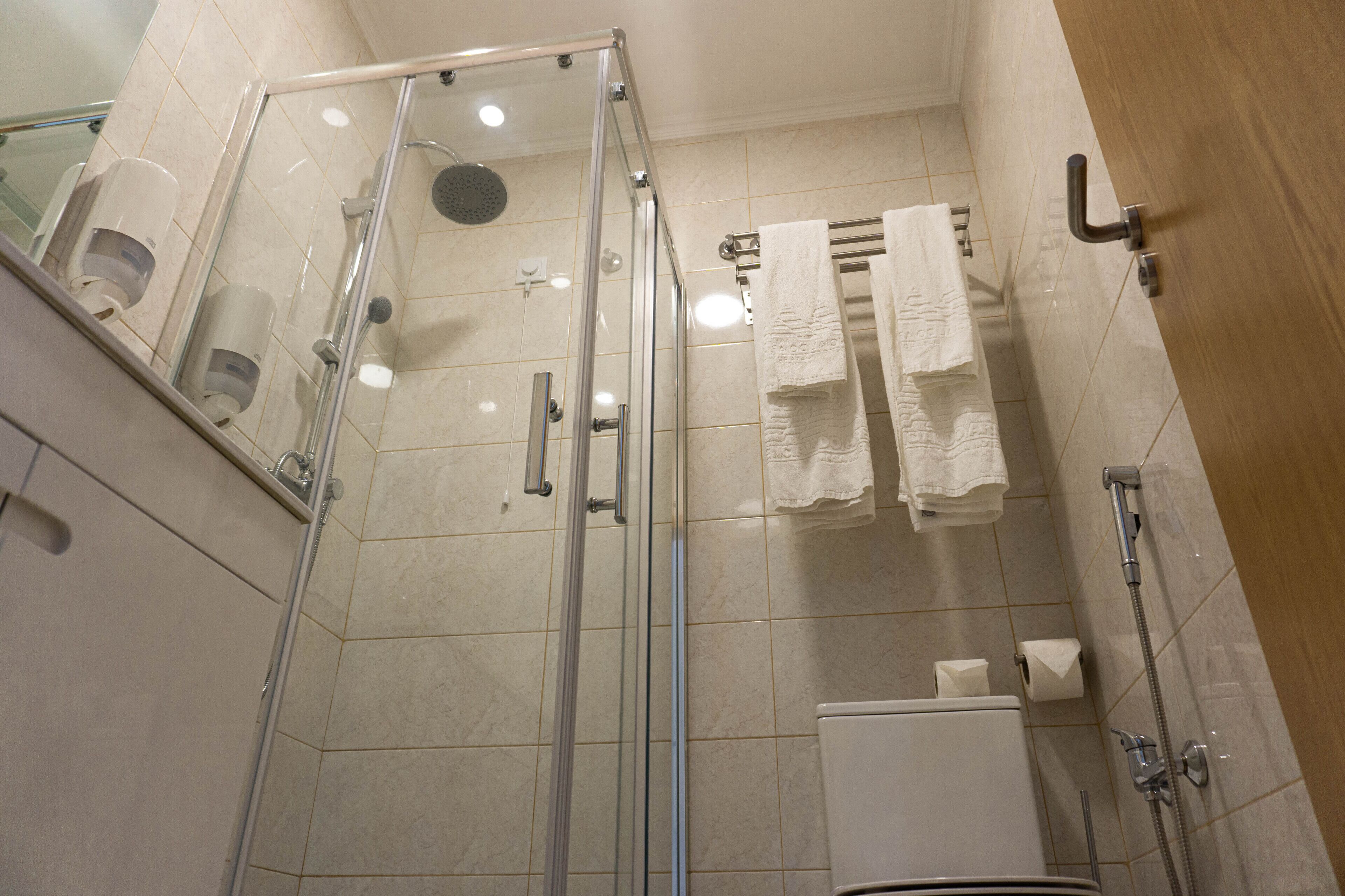 A modern bathroom with a glass-enclosed shower, a toilet, and a towel rack with multiple towels.