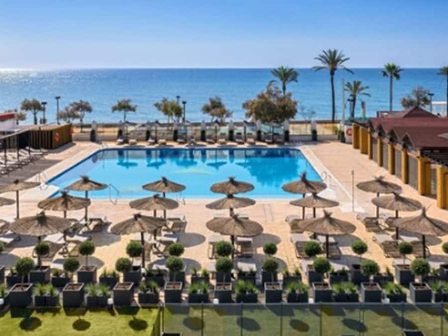 Outdoor pool, pool umbrellas, pool loungers