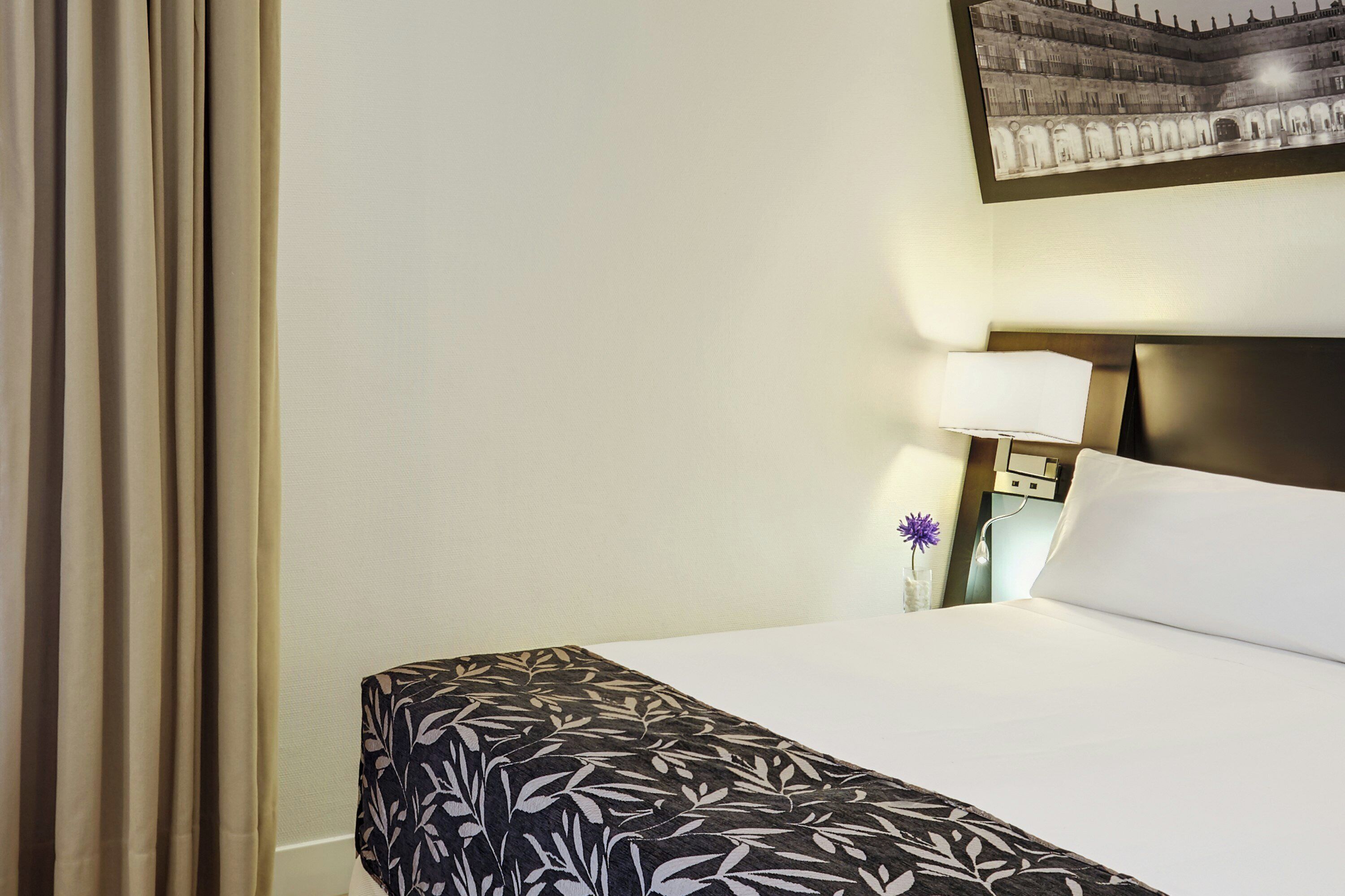 A hotel room with a bed, a nightstand, a lamp, and a wall-mounted picture.