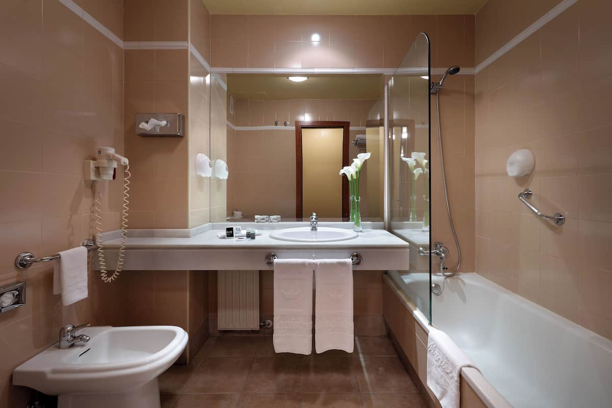 Shower, designer toiletries, hair dryer, towels