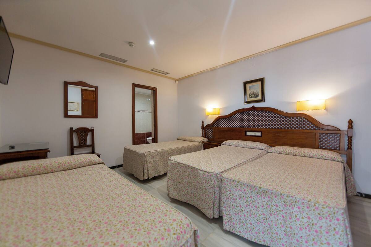 Habitación de hotel con dos camas individuales, un cabecero de madera, una mesita de noche, un espejo y un cuadro en la pared.