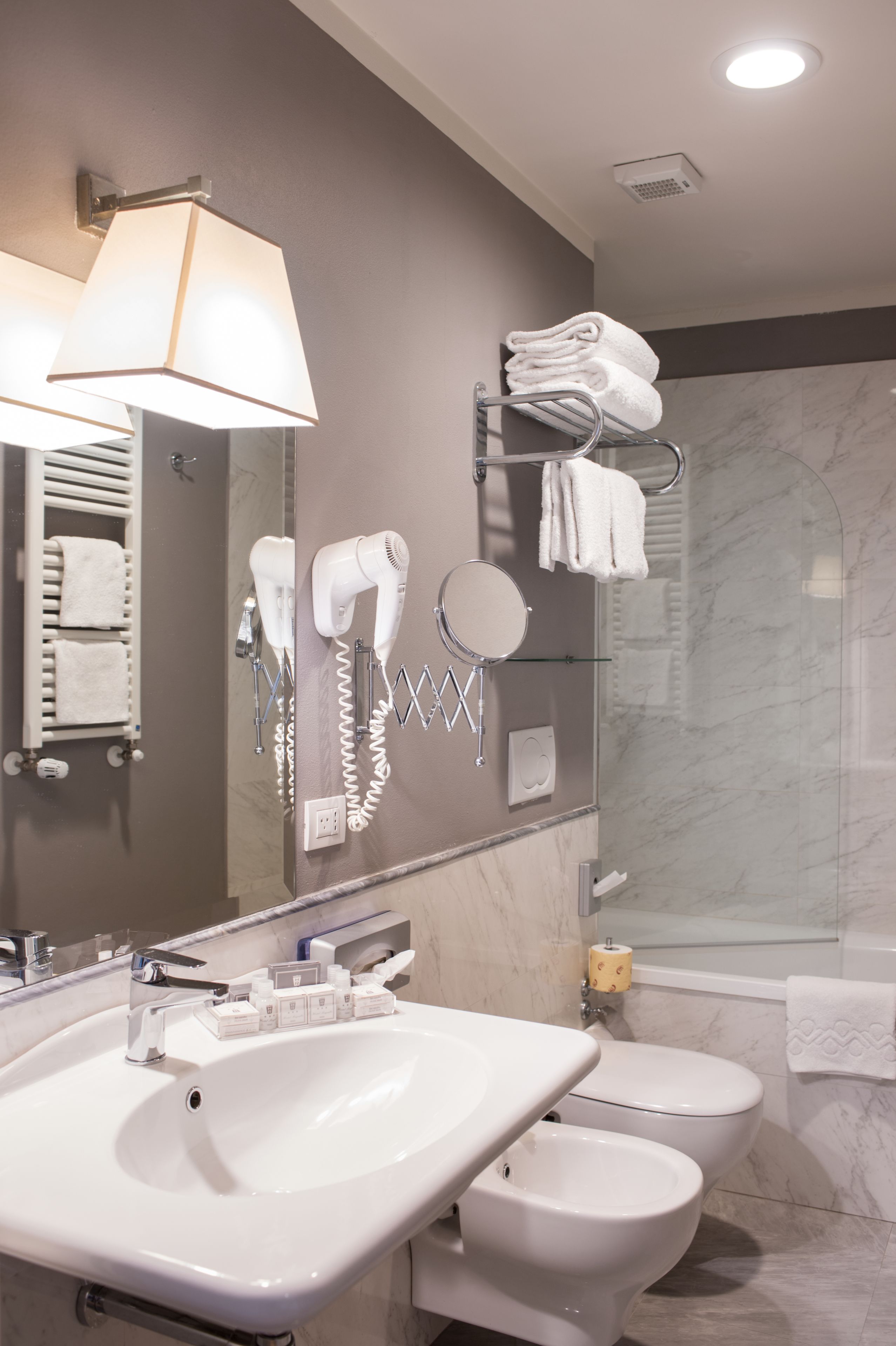 free toiletries, hair dryer, bidet, towels