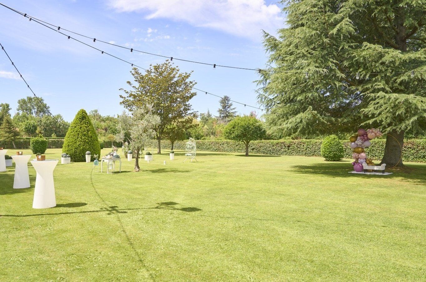 A well-maintained lawn with outdoor seating and string lights, surrounded by trees and hedges.