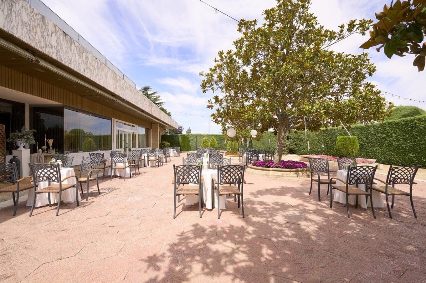 Un patio al aire libre con piso de piedra hexagonal, mobiliario exterior con sillas de metal y manteles blancos, y un gran árbol que proporciona sombra.