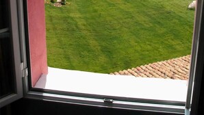 Vista desde una ventana sobre un césped verde con árboles, un columpio y un edificio pequeño.