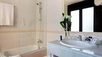 Hair dryer, bidet, towels, soap