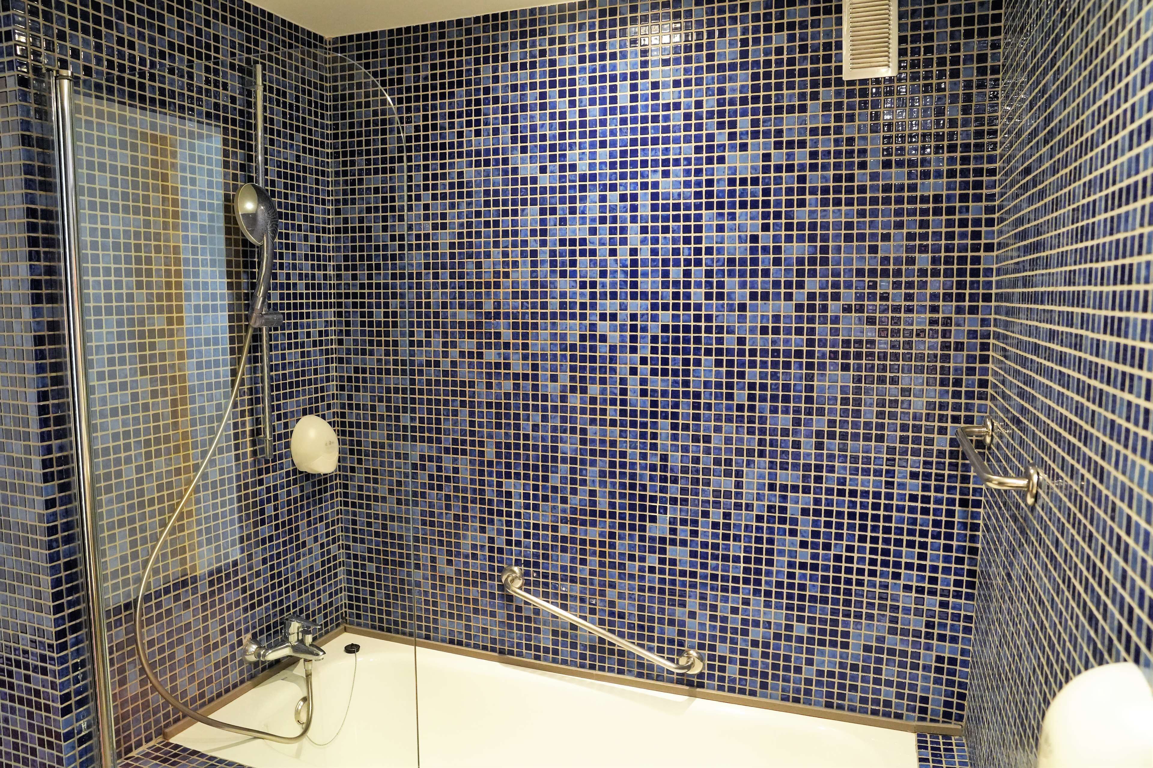 deep-soaking bathtub, free toiletries, hair dryer, towels