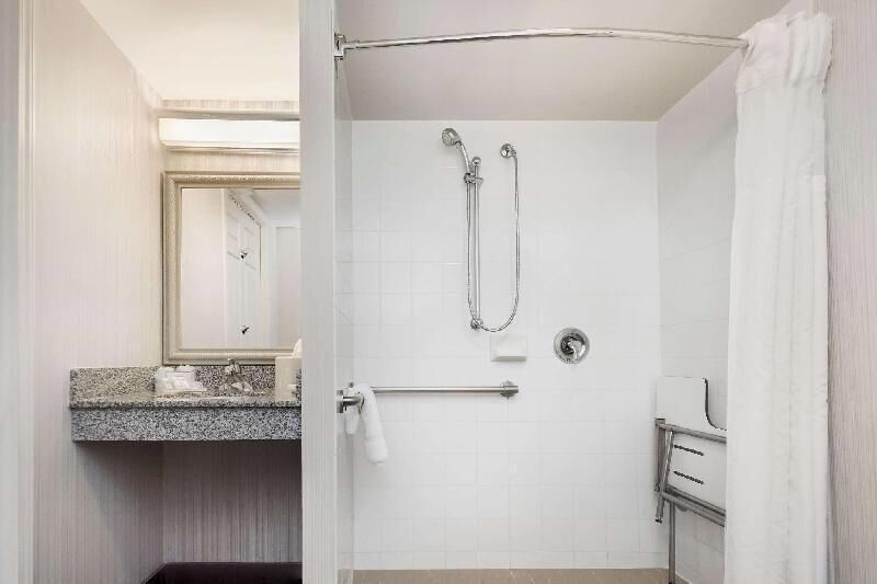 Combined shower/tub, free toiletries, hair dryer, towels