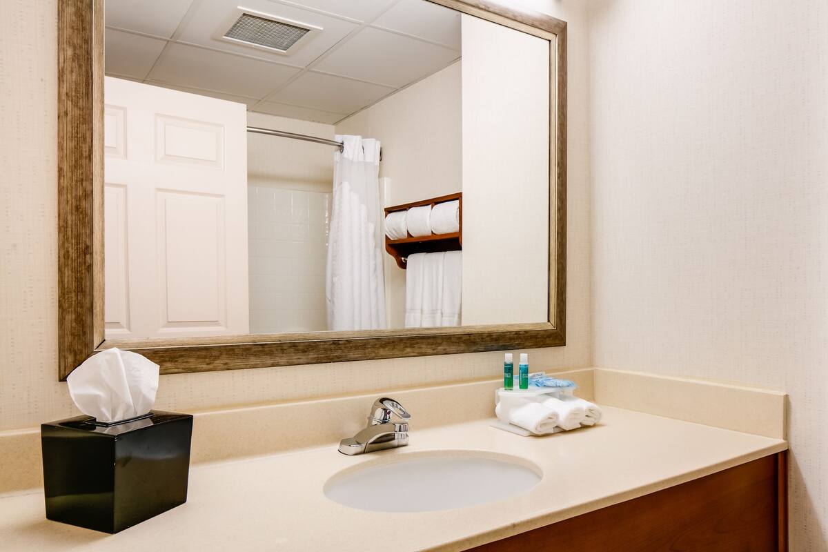 combined shower/bathtub, hair dryer, towels, soap