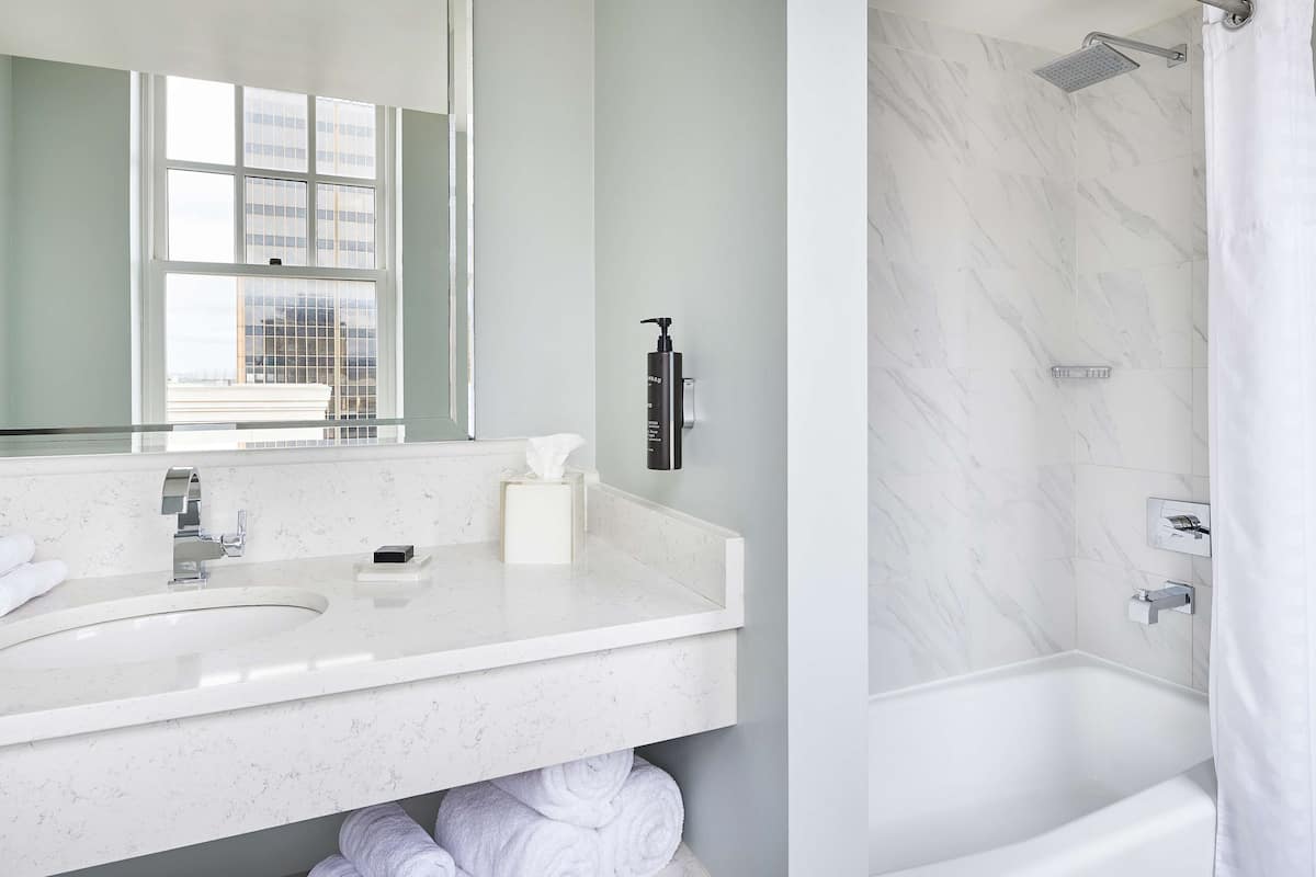 combined shower/bathtub, free toiletries, hair dryer, towels