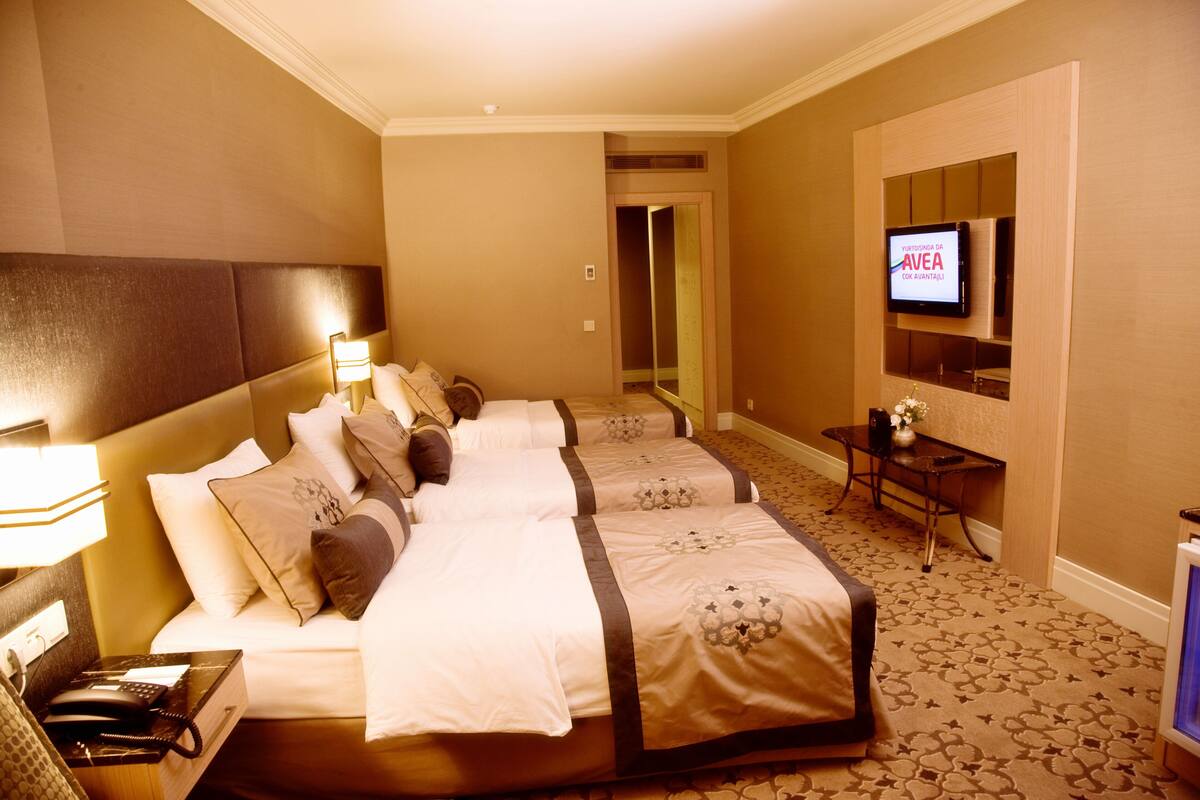Ett hotellrum med två sängar, en TV, ett skrivbord och en spegel.