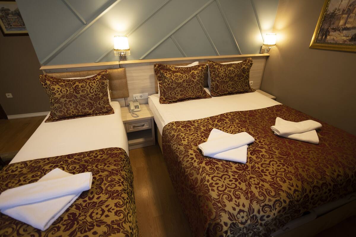 A hotel room with two beds, each with a patterned bedspread and pillows, a bedside table with a lamp, and a phone.