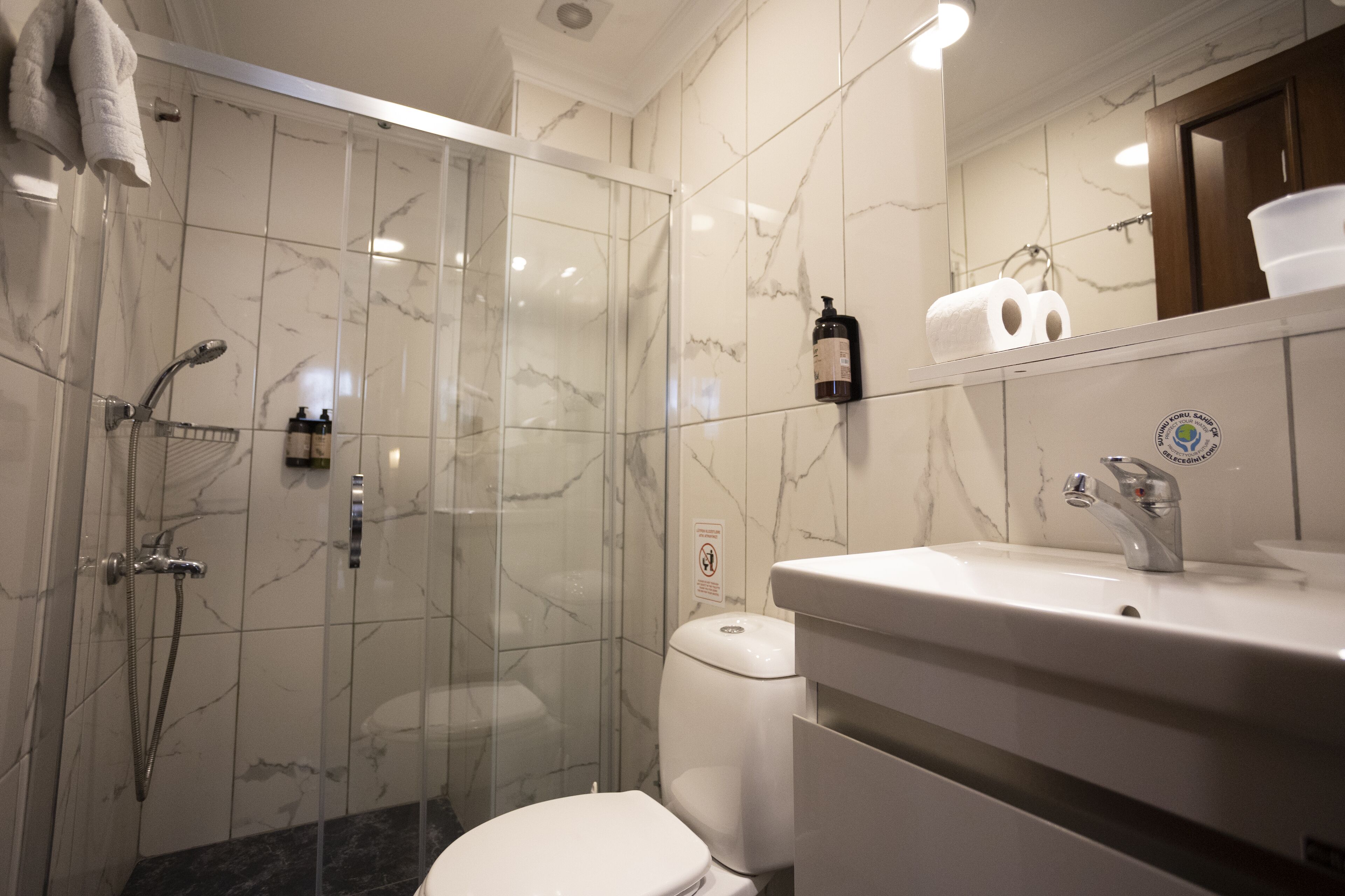 Ein modernes Badezimmer mit einer Duschkabine, einer weißen Toilette und einem Waschbecken mit Spiegel darüber.