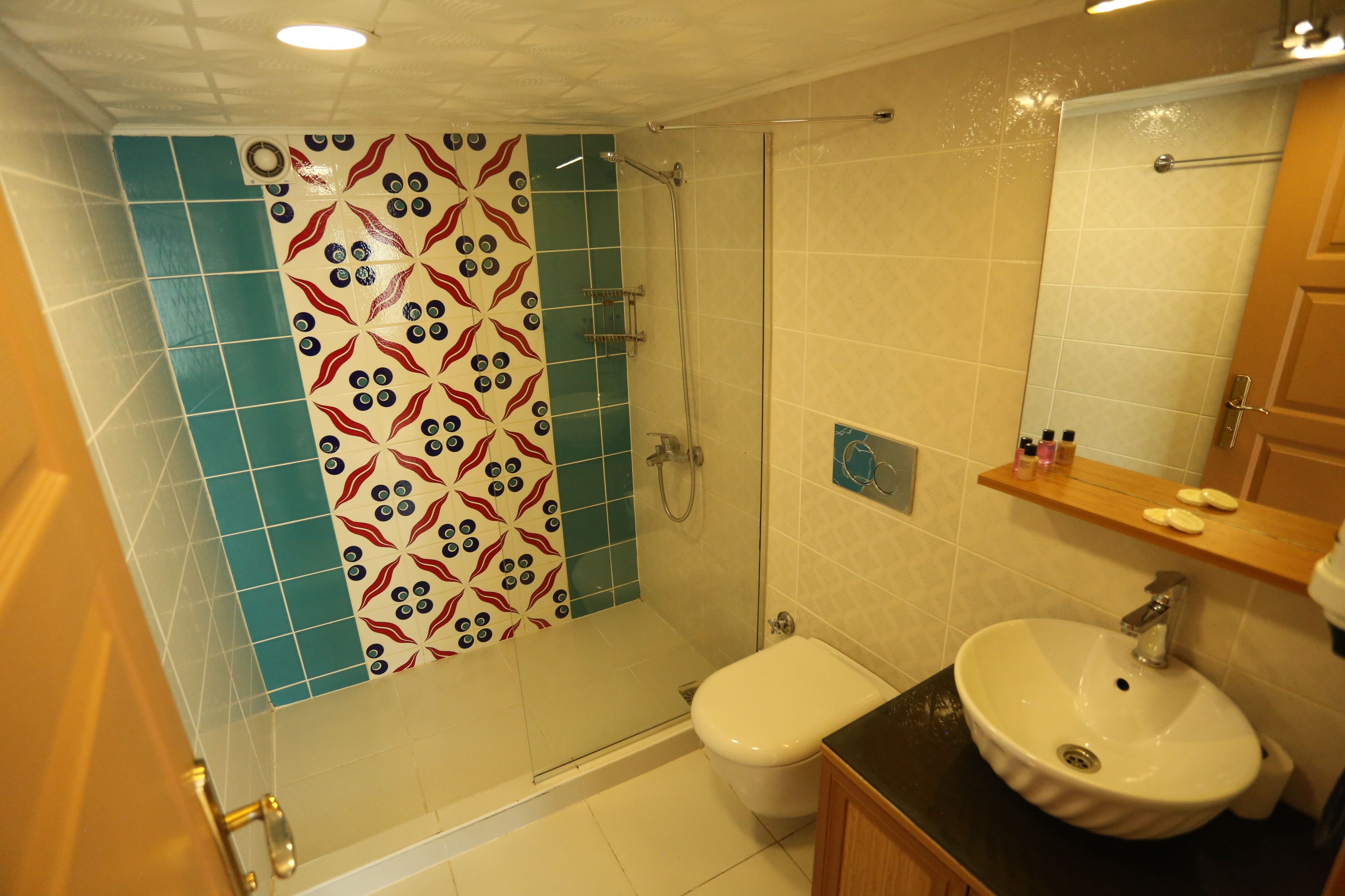A bathroom with a shower, toilet, sink, and a mirror above the sink.