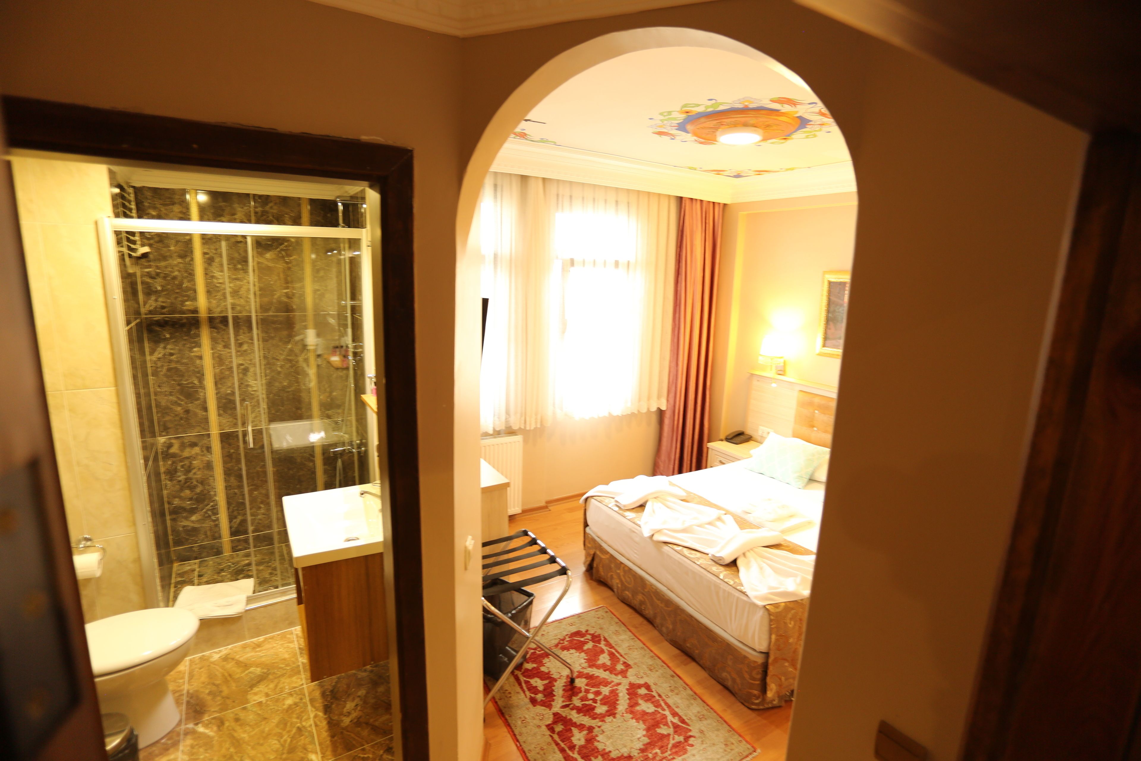 Habitación de hotel con ducha, inodoro, cama y un pequeño escritorio.