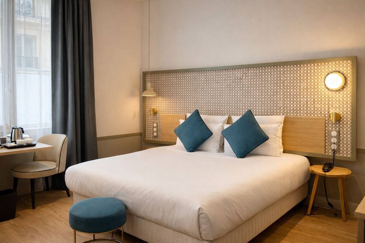 Een hotelkamer met een groot bed, twee nachtkastjes, een bureau met stoel, een klein krukje en een raam met gordijnen.