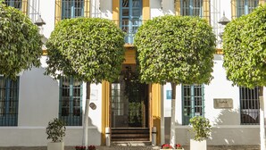 A building with a tiled roof, multiple windows with yellow frames, and a central entrance.
