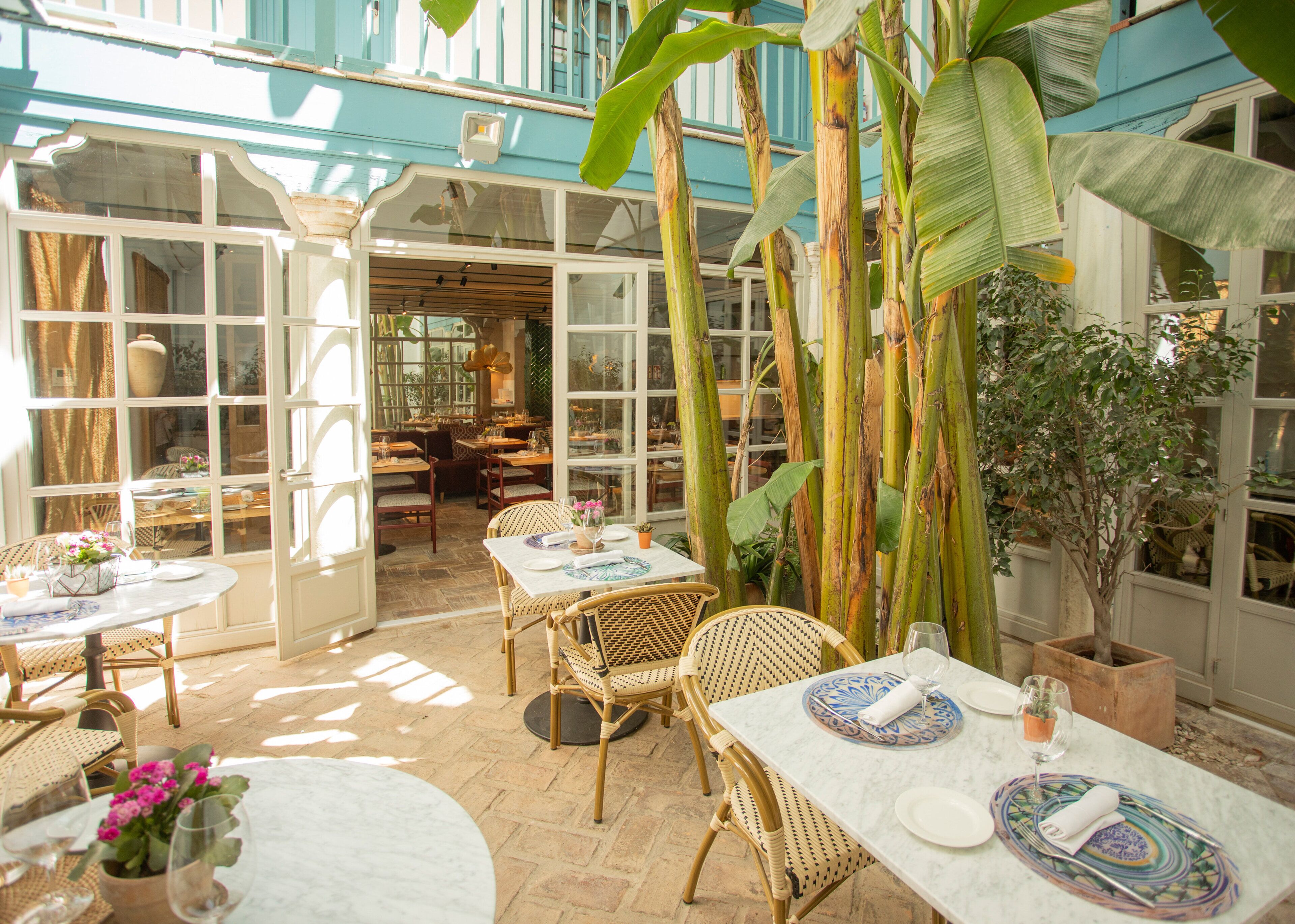 Un espace de restauration intérieur avec des tables et des chaises, de grandes fenêtres et des plantes tropicales.