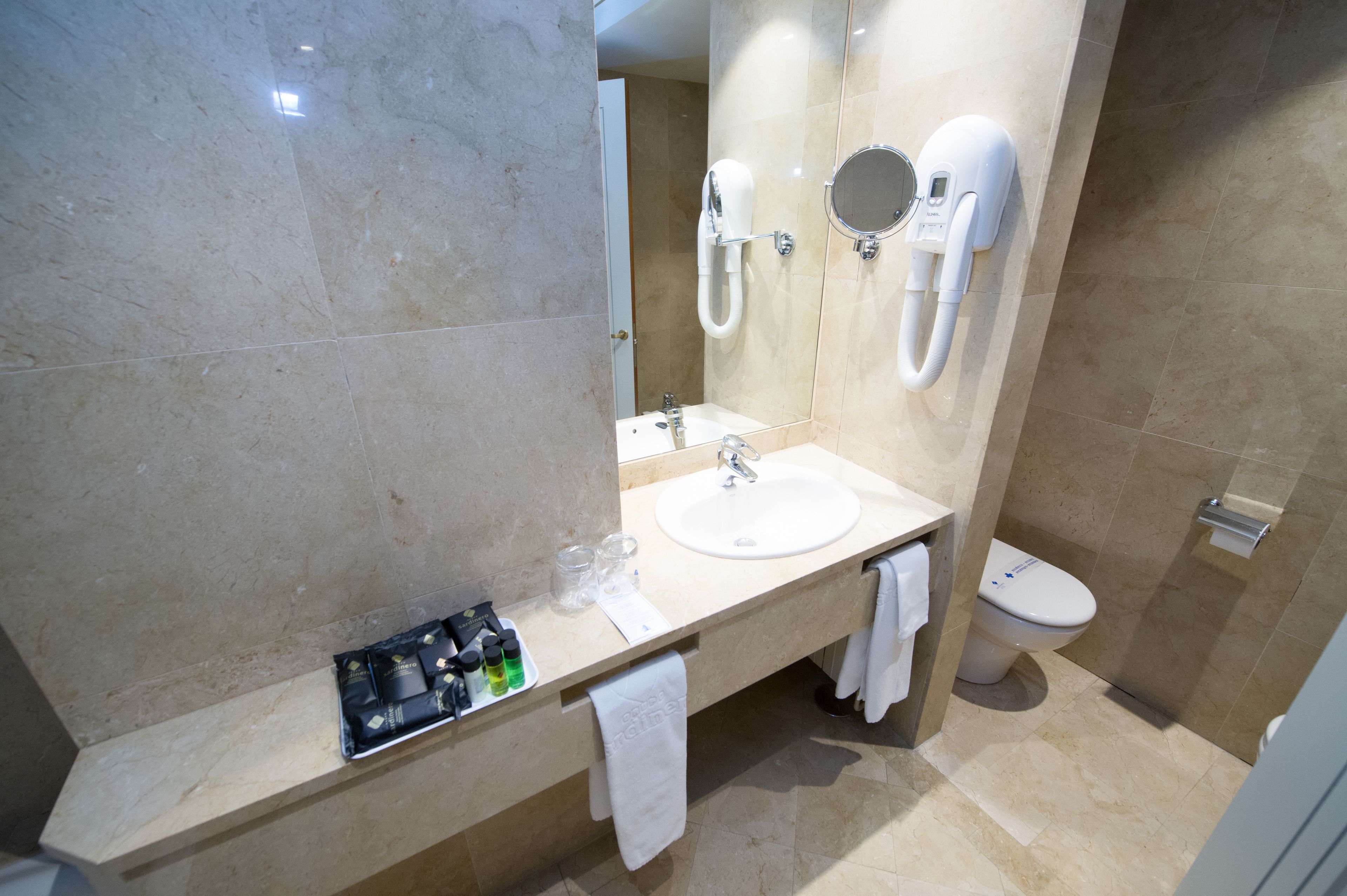 A bathroom with a marble sink, a mirror, a handheld showerhead, and a toilet.