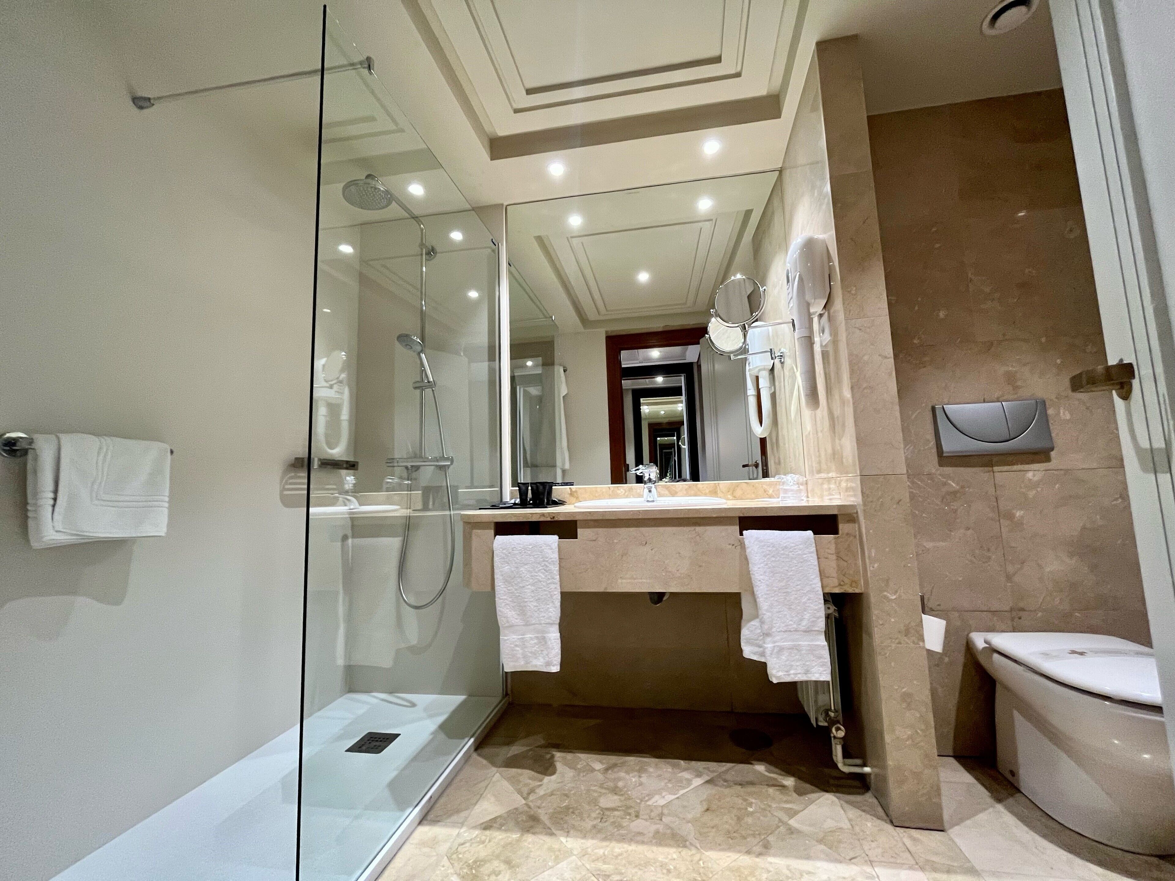 Une salle de bain moderne avec une douche à parois de verre, un grand miroir et des toilettes.
