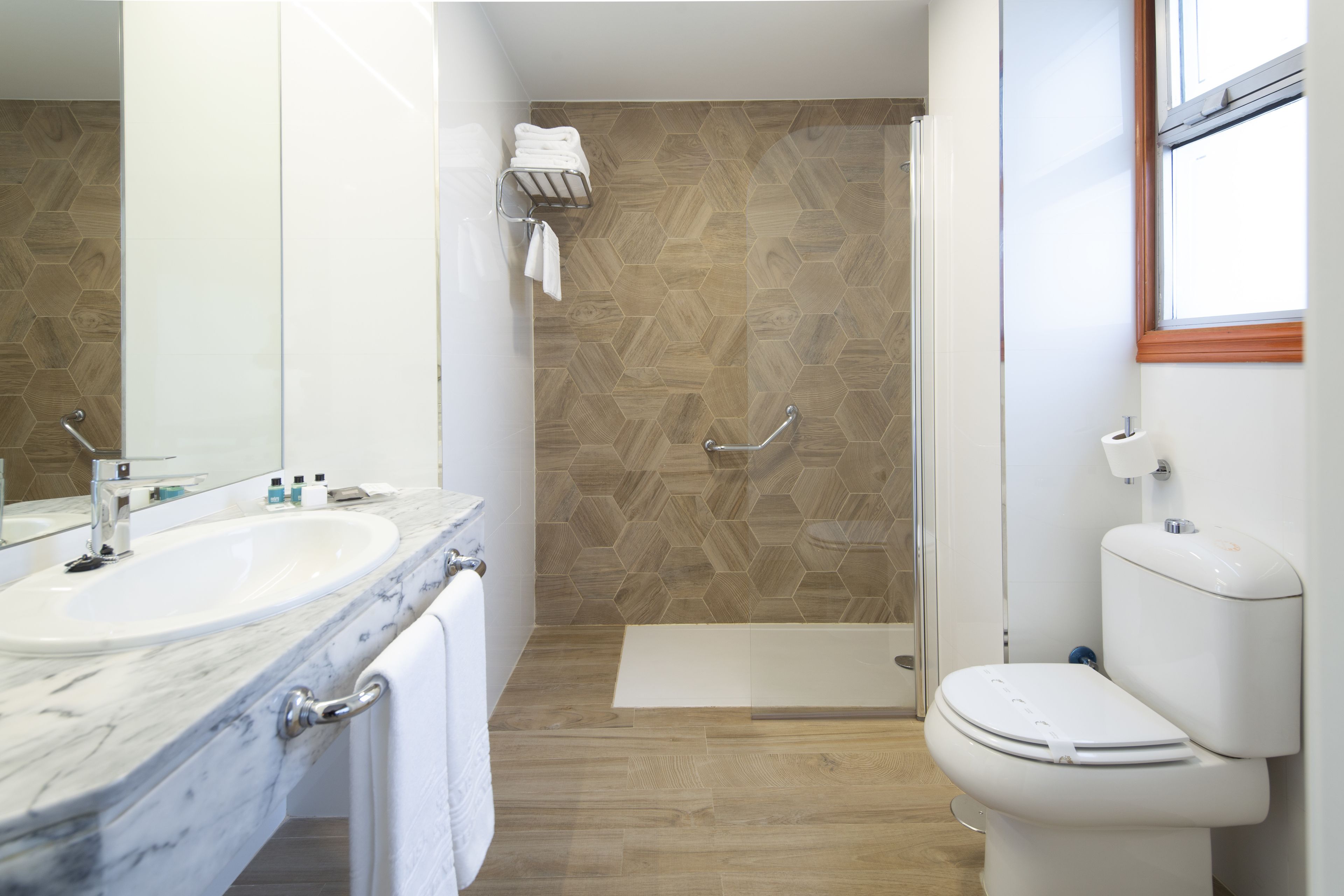 hair dryer, bidet, towels