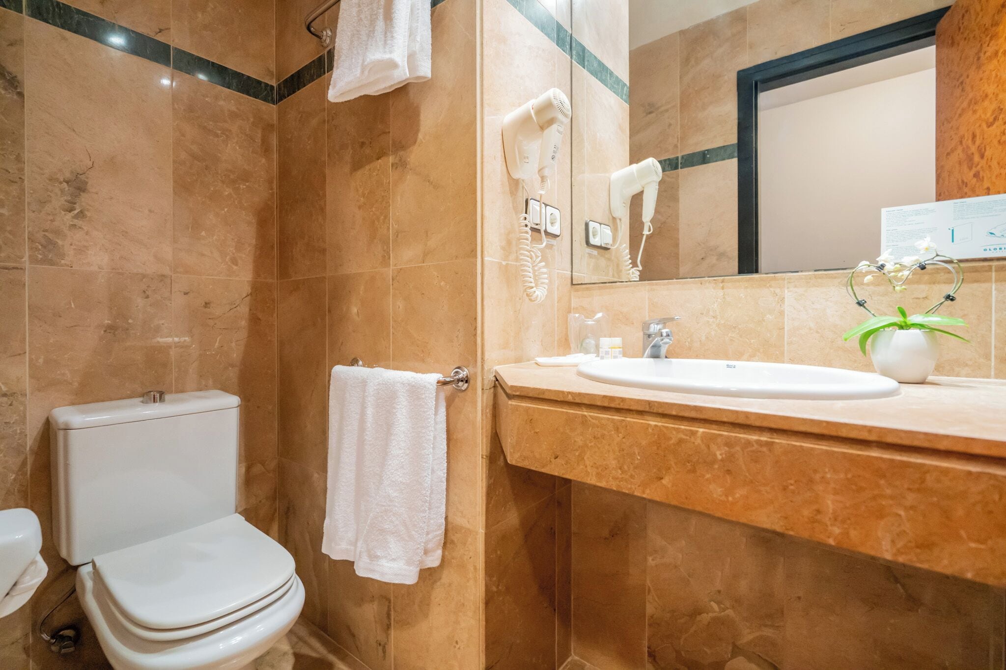 A bathroom with a toilet, sink, and hairdryer.