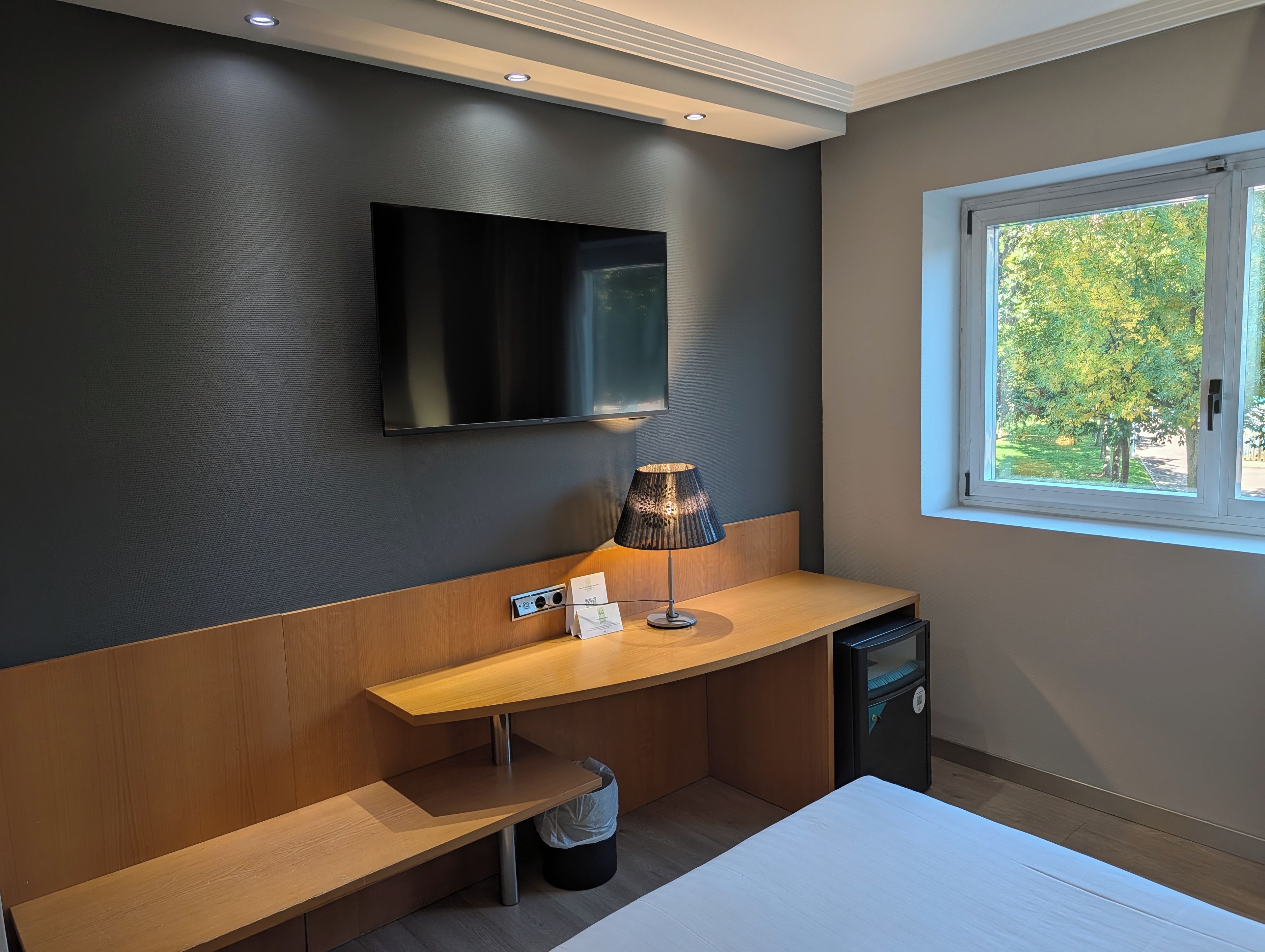 A modern hotel room with a flat-screen TV mounted on the wall, a bedside table with a lamp, a trash bin, and a window with a view of trees.