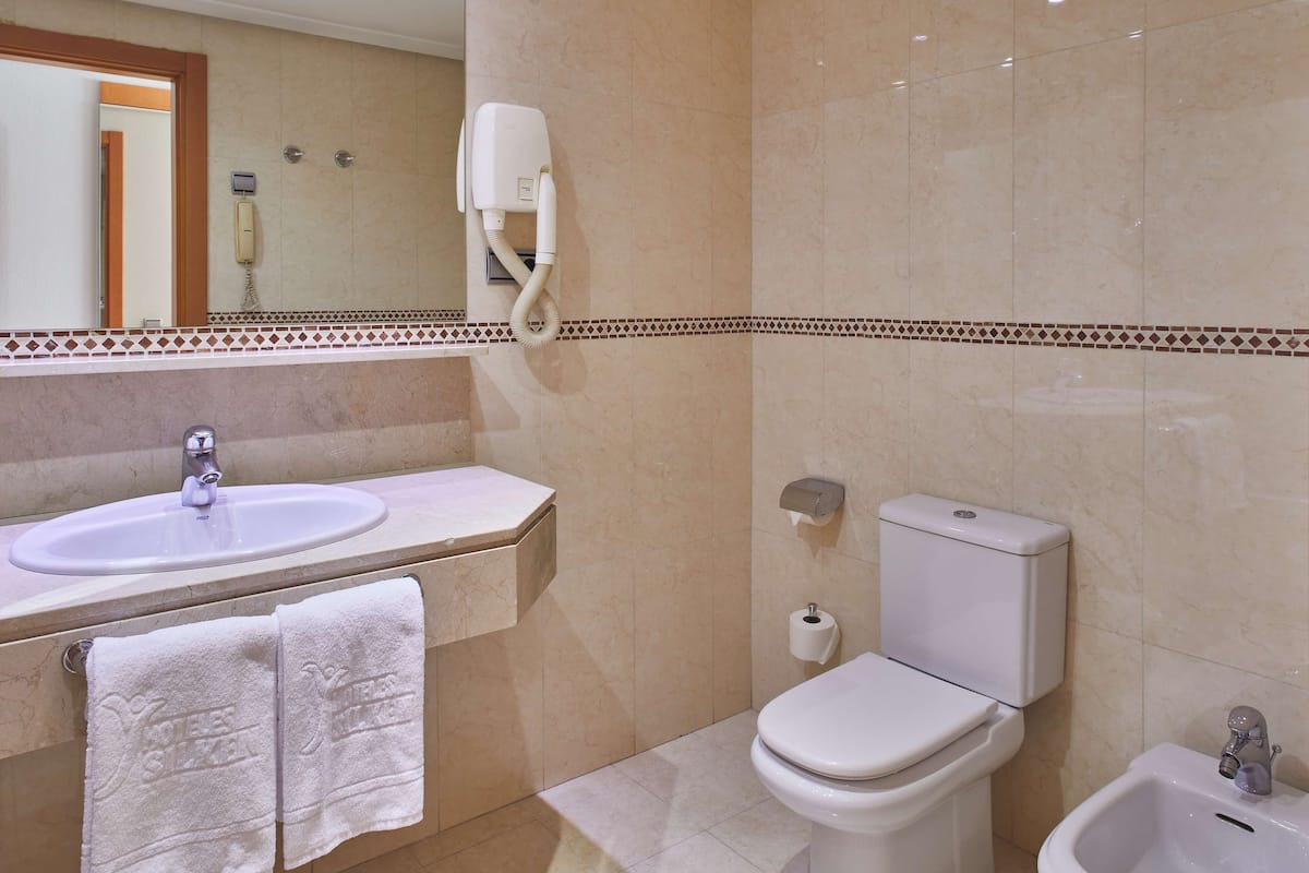 combined shower/bathtub, hair dryer, bathrobes, bidet