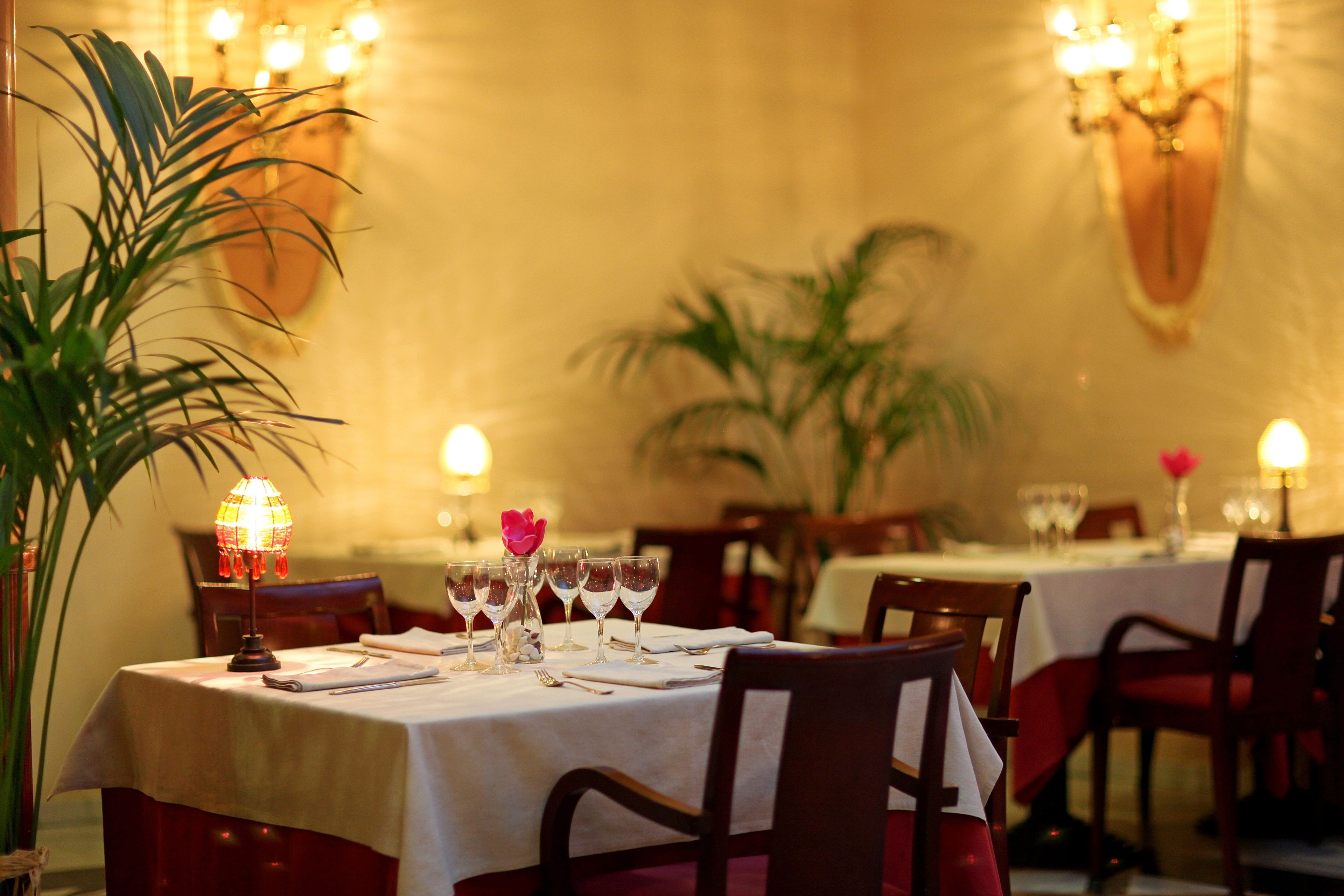 Un restaurante con mesas dispuestas para comer, que destaca por su ambiente cálido con luces de pared y plantas en macetas.