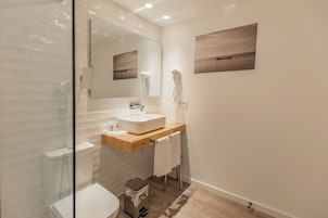 A modern bathroom with a glass shower enclosure, a white toilet, a wooden vanity with a sink, and a mirror above the vanity.