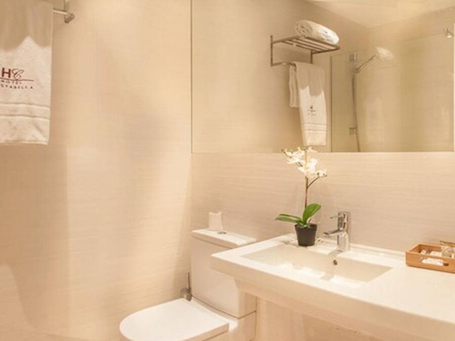 Un baño con un lavabo blanco, un inodoro y un espejo. Hay una toalla colgada en la pared y una planta pequeña sobre el lavabo.