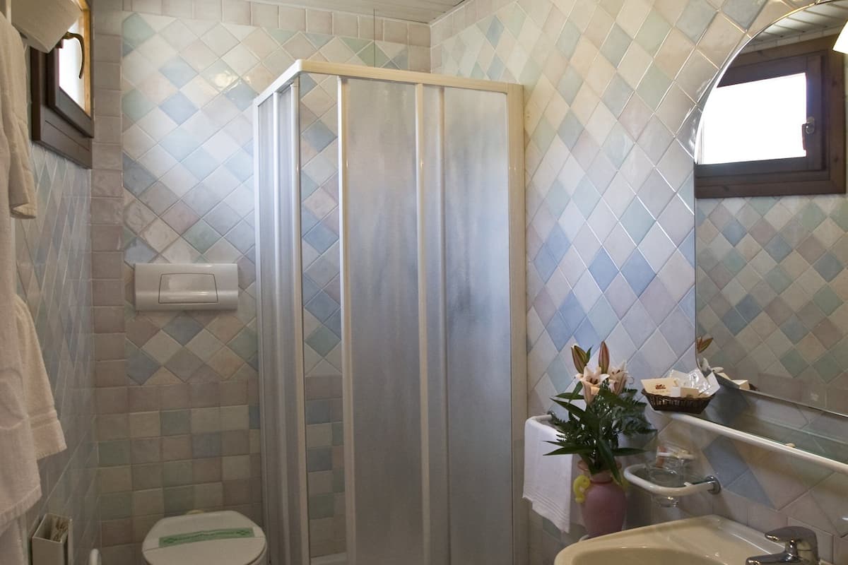 A bathroom with a shower, toilet, bidet, and sink.