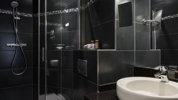 Hair dryer, towels, soap, shampoo