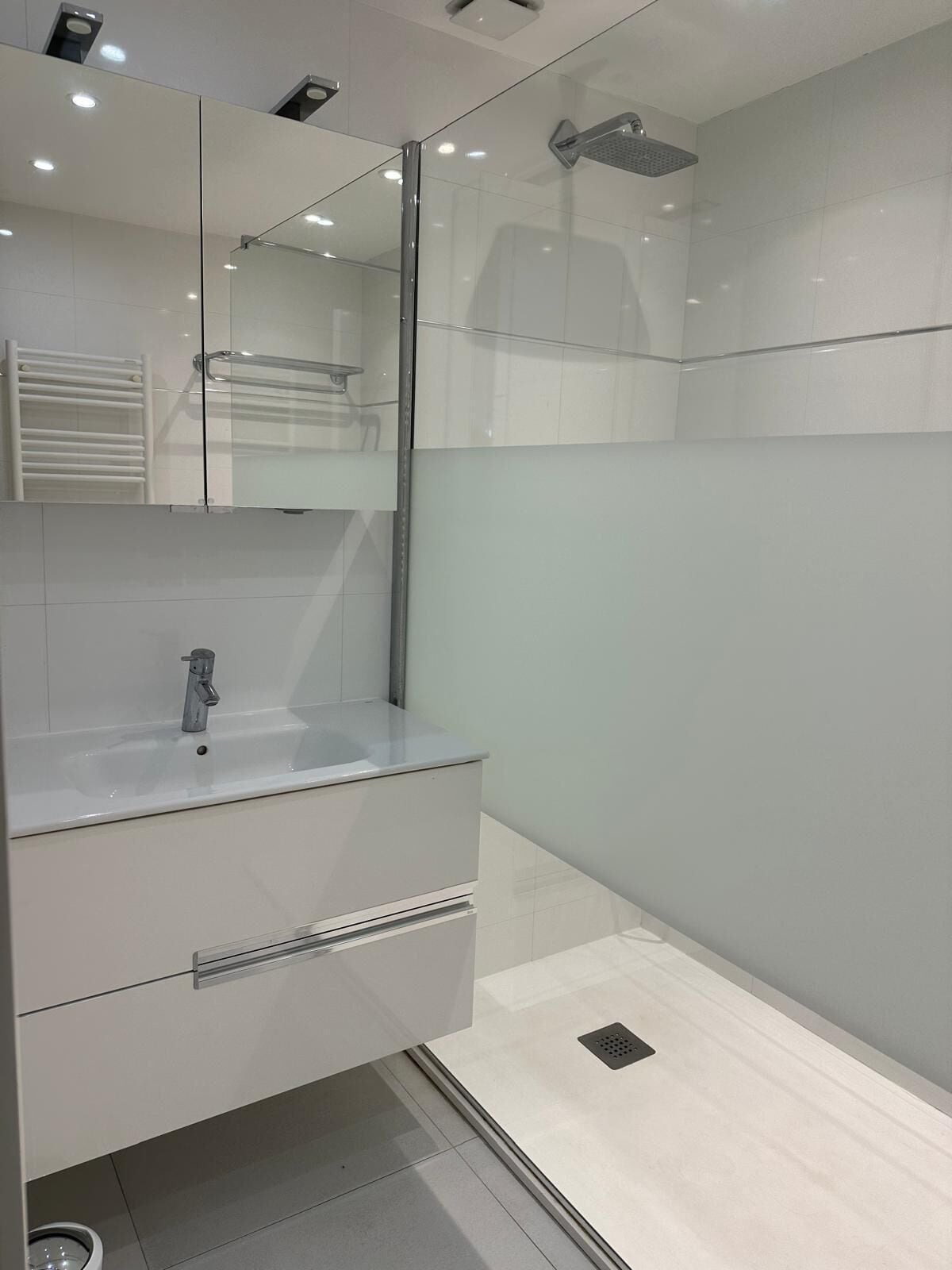 A modern bathroom with a glass shower enclosure, a sink, and a mirror.