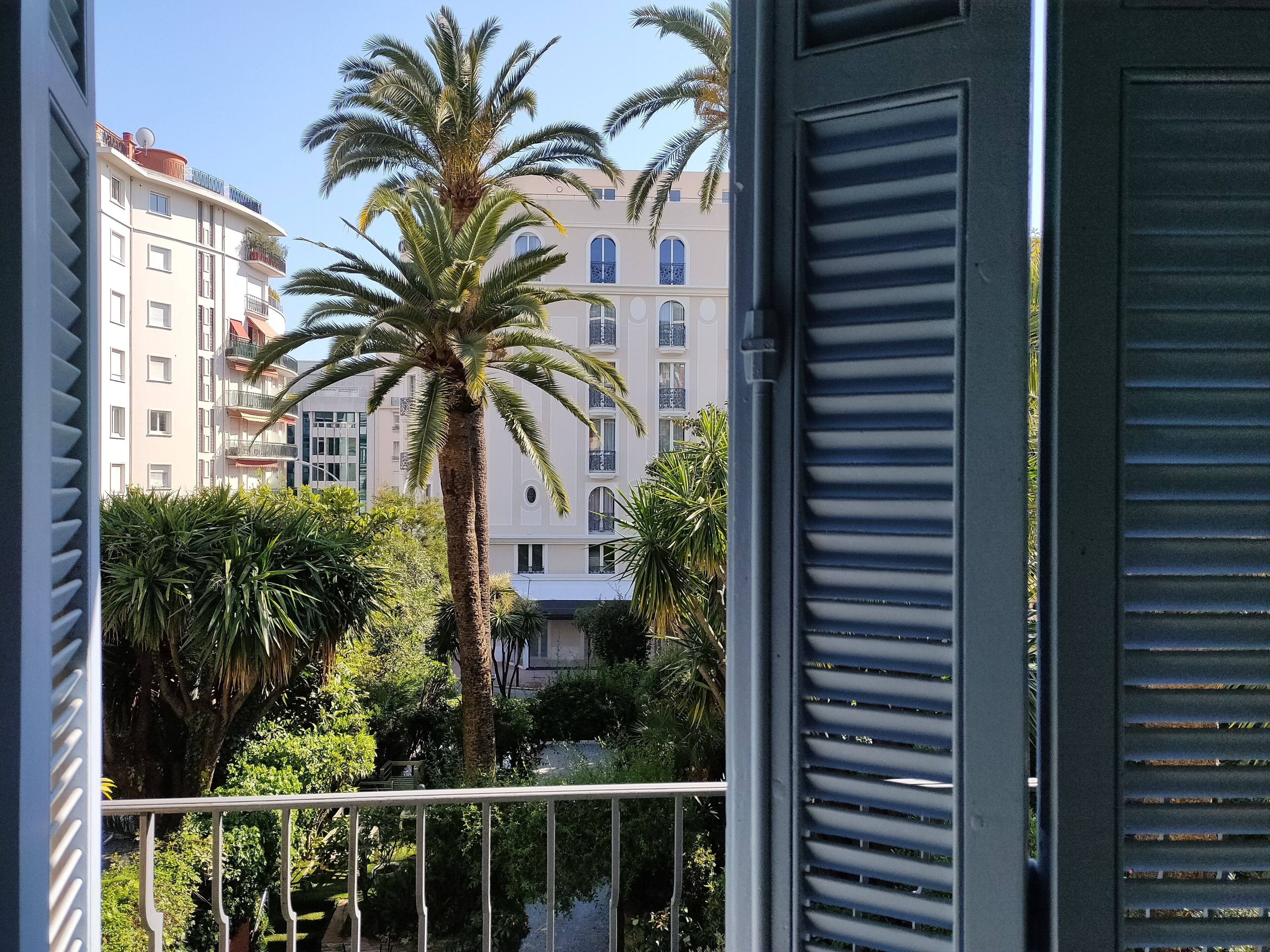 Een balkon met uitzicht op een palmboom en een gebouw met balkons.