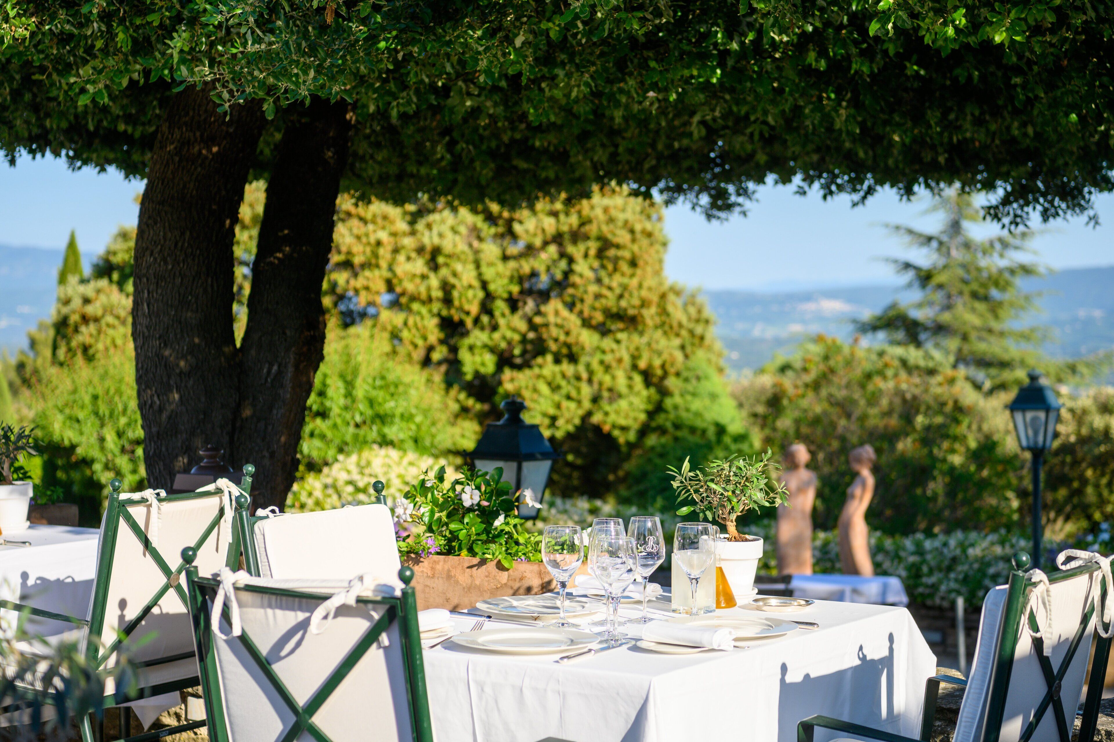 An outdoor dining area with tables set for a meal, surrounded by greenery and trees.