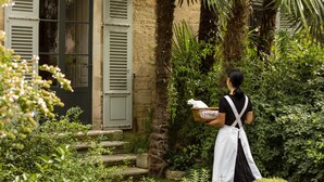 A woman in a black dress and white apron walking through a garden with stone steps and lush greenery.