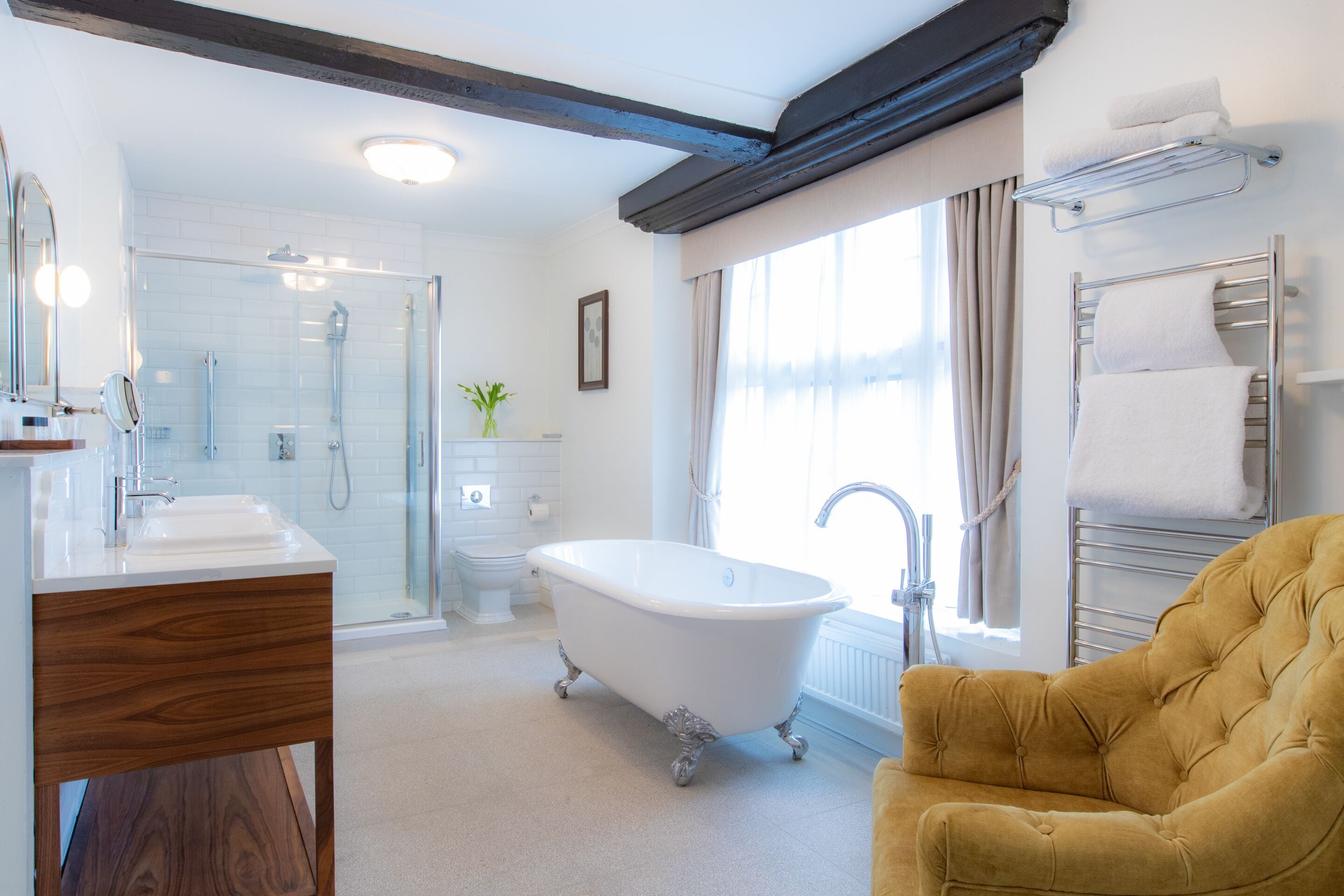 manor house four poster | bathroom | combined shower/bathtub, designer toiletries, hair dryer, bathrobes