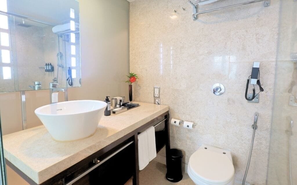 A modern bathroom with a large white sink, a mirror, a toilet, and a shower.