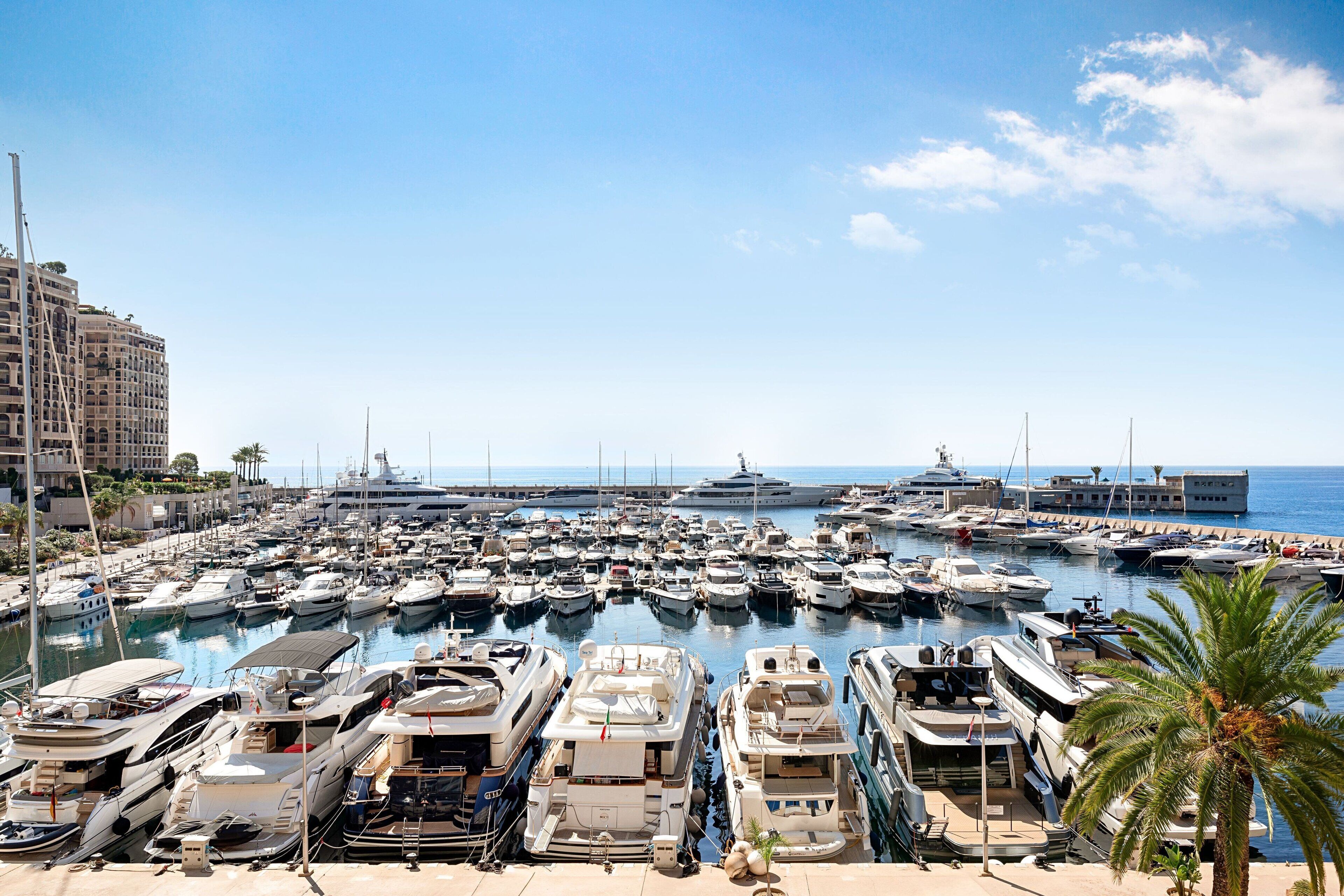 Un port de plaisance où sont amarrés de nombreux bateaux, ainsi qu’un grand yacht et un immeuble doté de balcons.