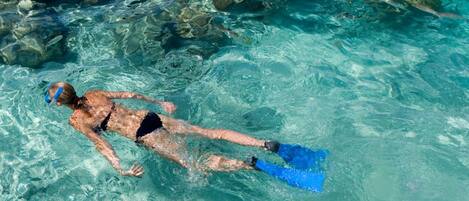 Una persona haciendo snorkel en aguas cristalinas, con rocas al fondo.