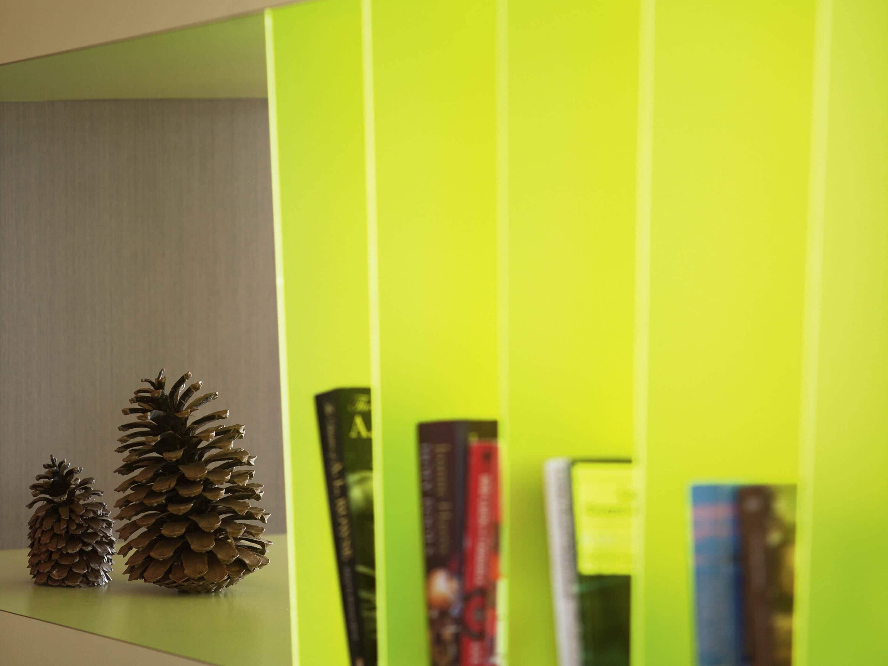 A bookshelf with books and two pine cones.