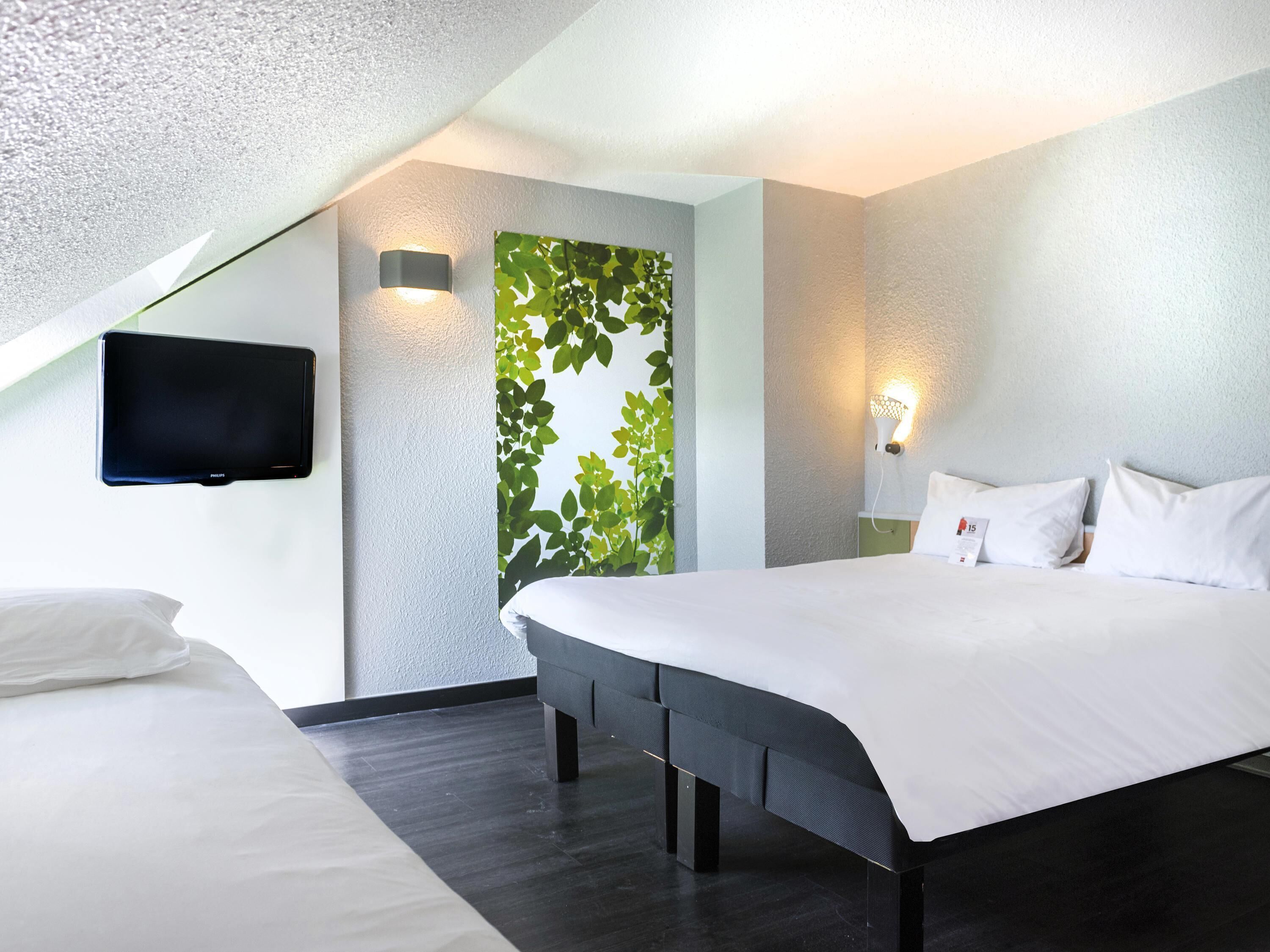 A modern hotel room with a large bed, a flat-screen TV mounted on the wall, a wall-mounted light, and a green leafy wall decoration.