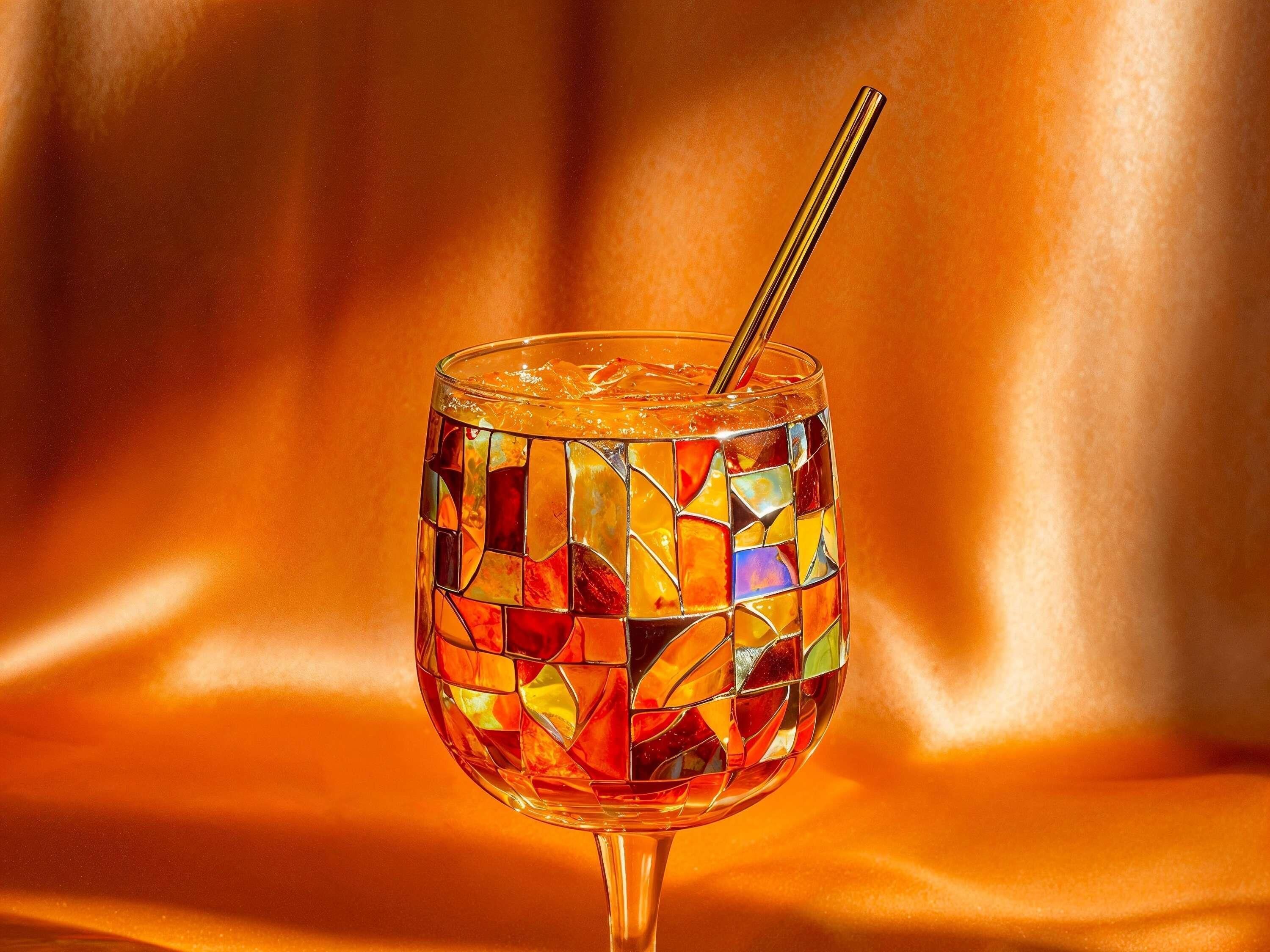 A glass with a mosaic pattern and a straw, set against a golden background.