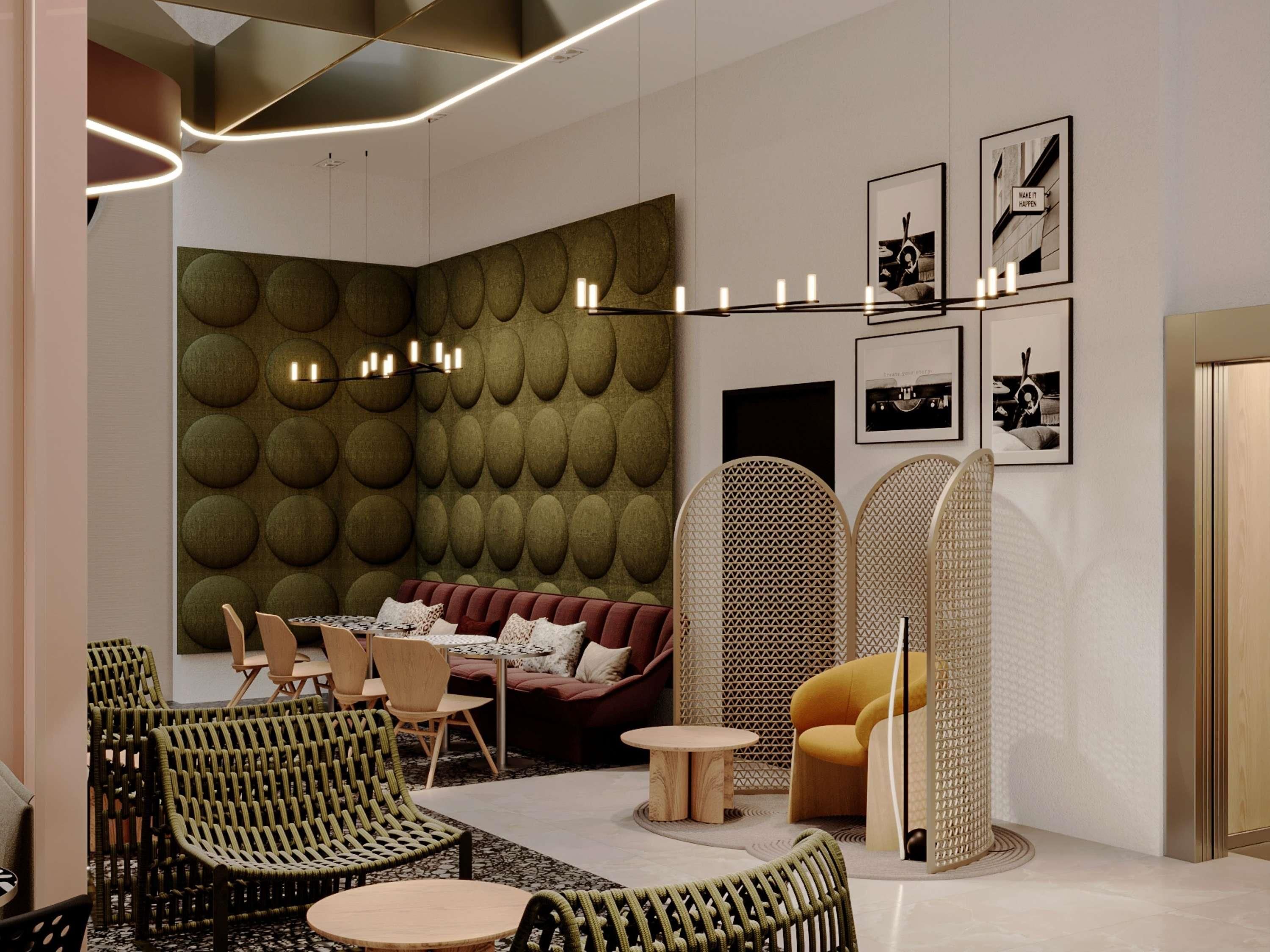 Un interior moderno con pared estampada, un sofá, sillas, una mesita y objetos decorativos.