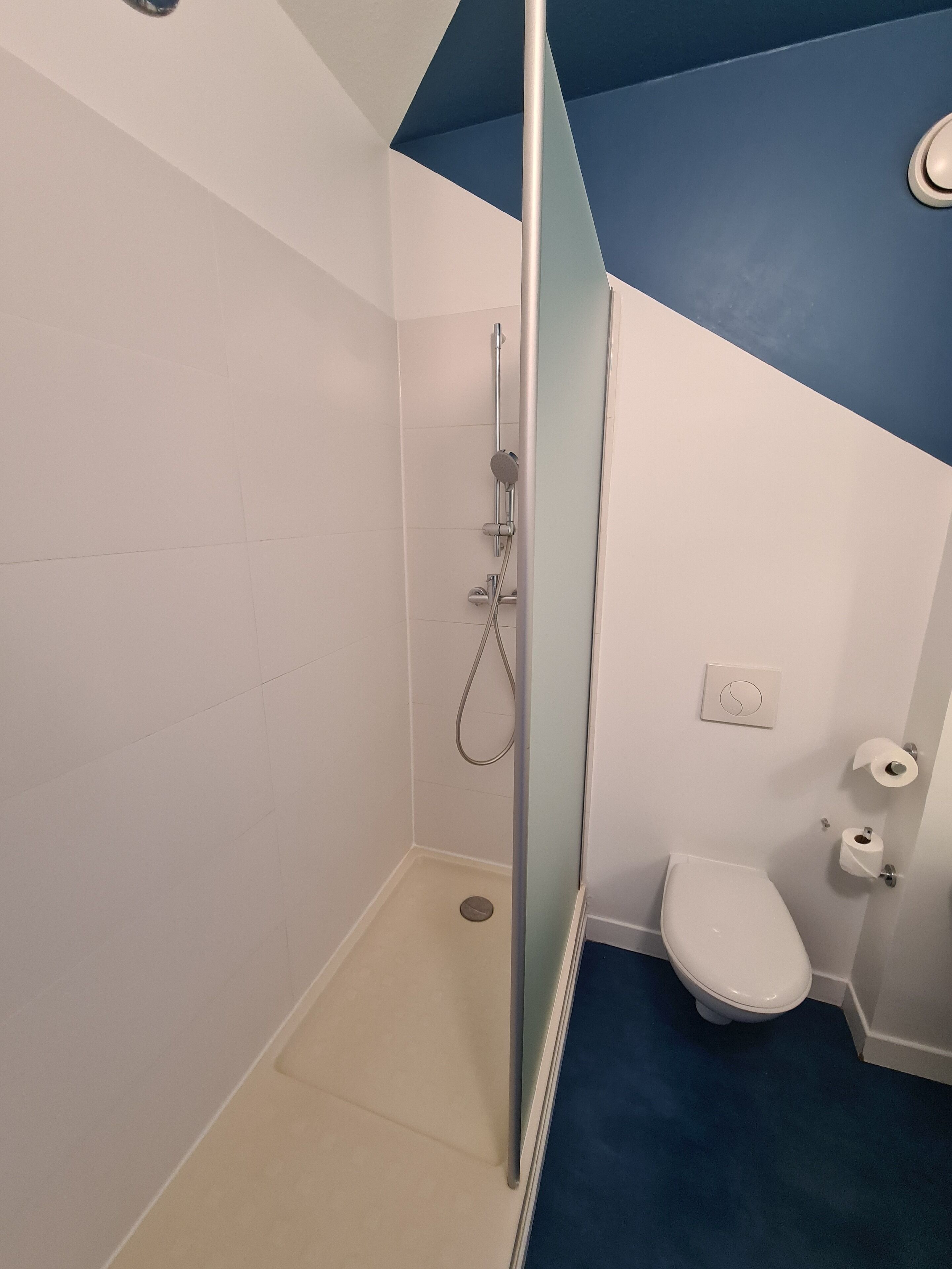 Une salle de bain avec douche, toilettes et un mur d’accent bleu.