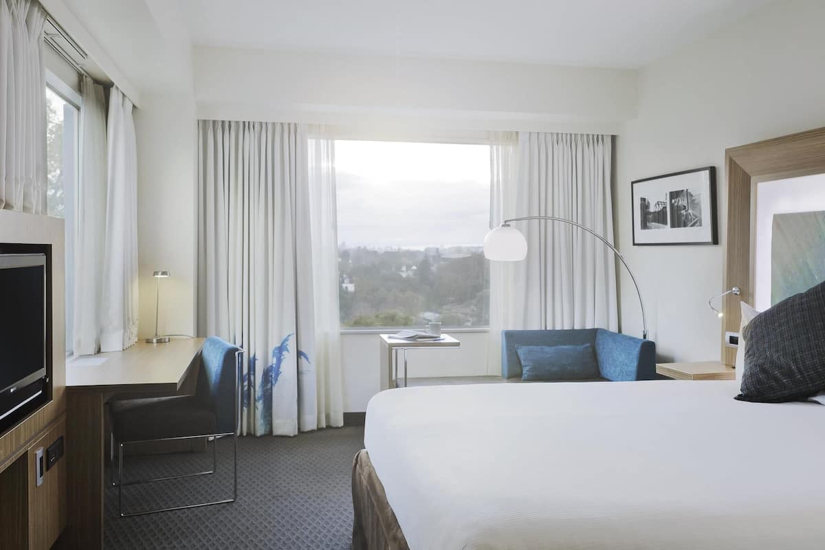 A hotel room with a bed, desk, chair, TV, lamp, and a view of the outdoors.