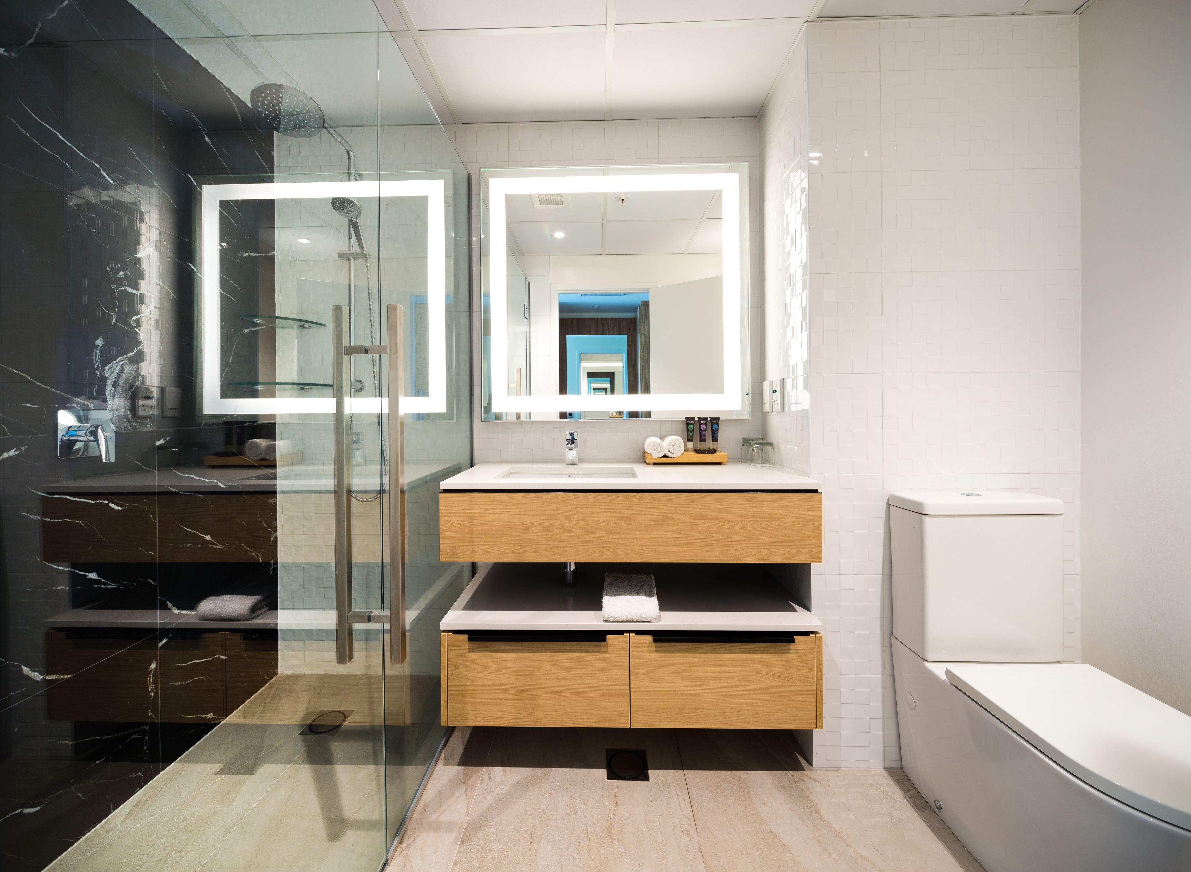 shower, eco-friendly toiletries, hair dryer, bathrobes